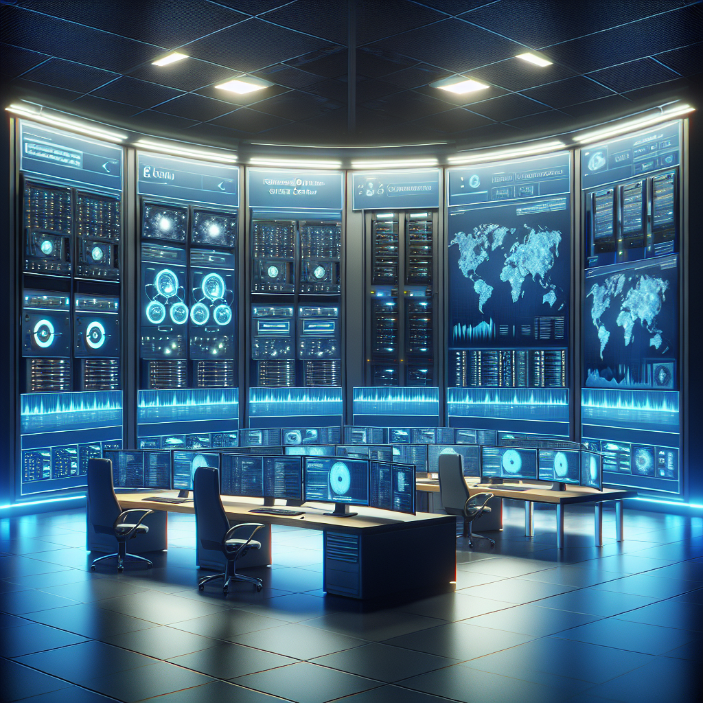 Professional IT infrastructure monitoring center with network dashboards