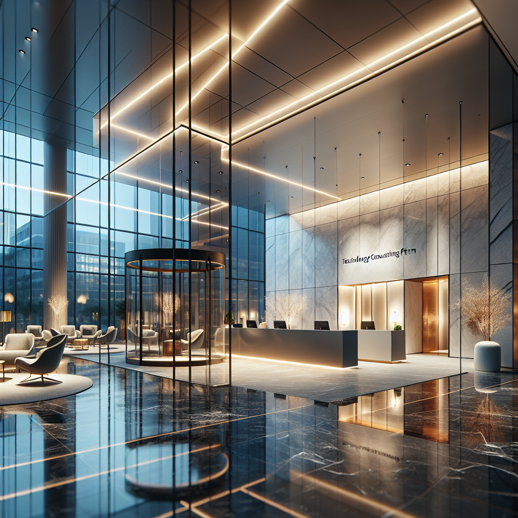 Professional consulting firm office lobby with modern technology infrastructure
